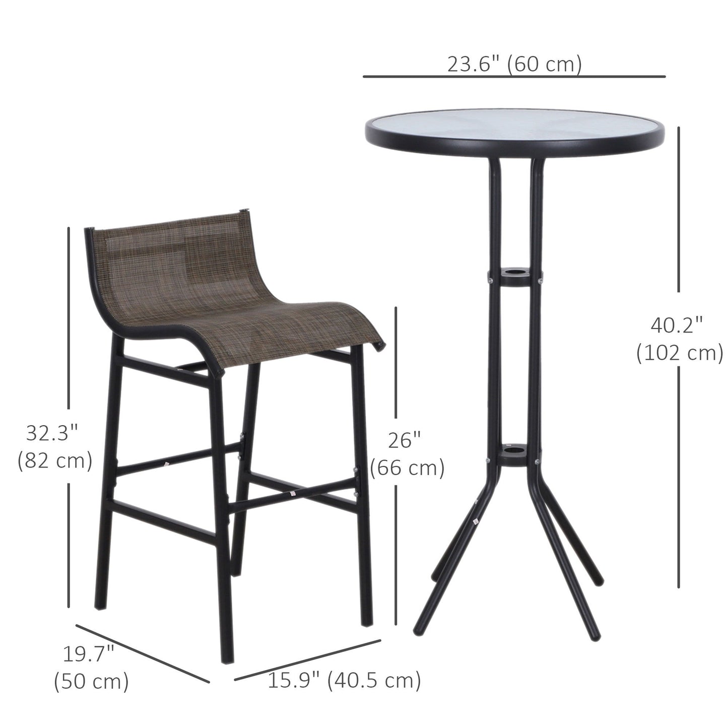 3pcs Patio Bar Set, Outdoor Bistro Set with 2 Bar Stools and 1 Tempered Glass Bar Table, Dining Chat Set, Tan