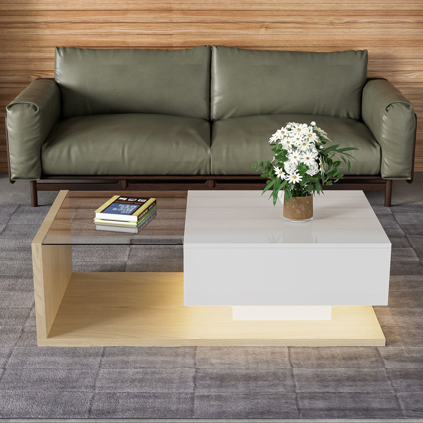 High-Gloss Coffee Table with Glass and LED Effect, Modern Design with Storage Compartment, 41.5" L x 21.5" W x 12.5" H, White+Wood