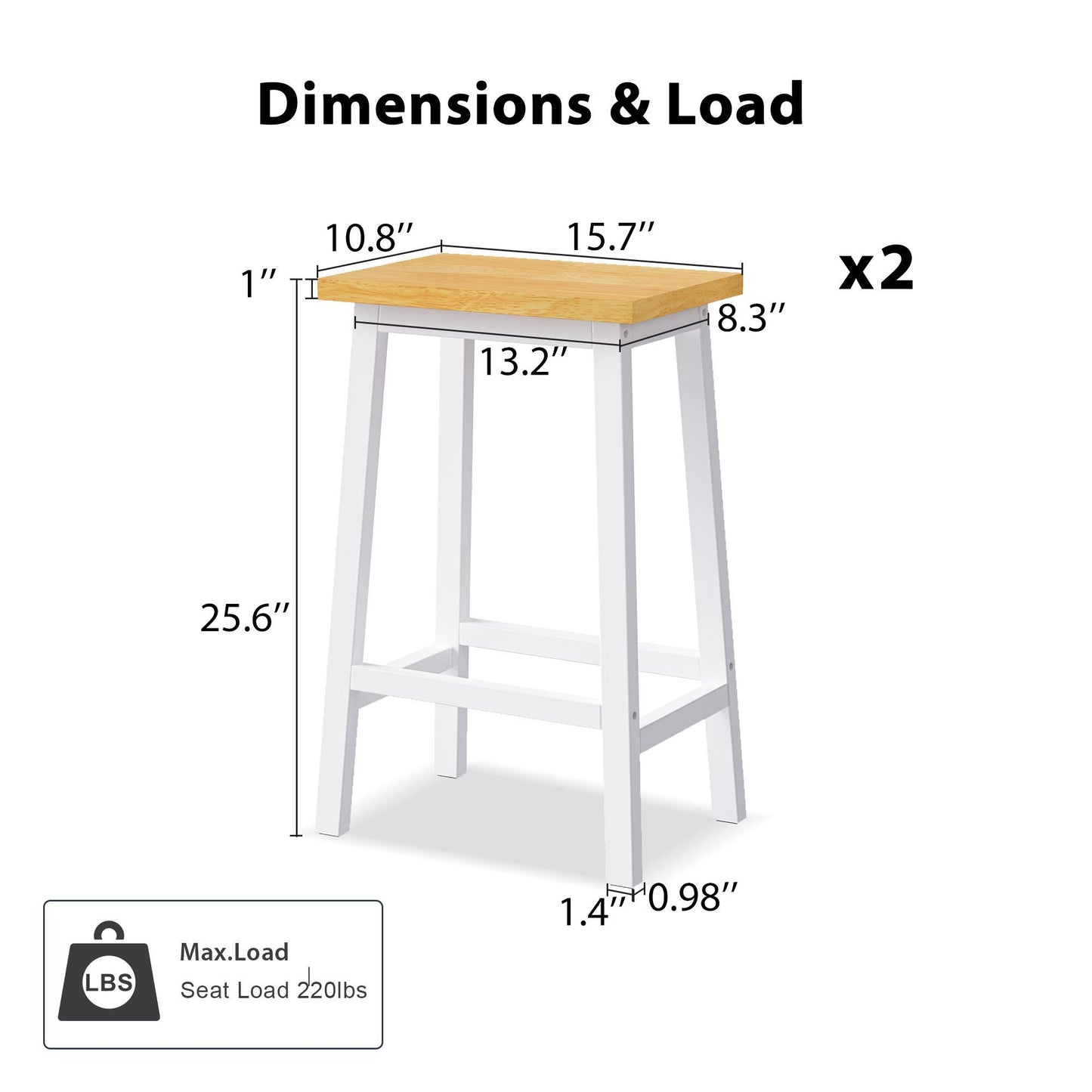 Set of 2 Wood Counter Stools with Anti‑Scratch Pads and Pine Legs, Solid Bar Chairs for Instant Style, 15.5'' L x 11'' W x 25.5'' H, White