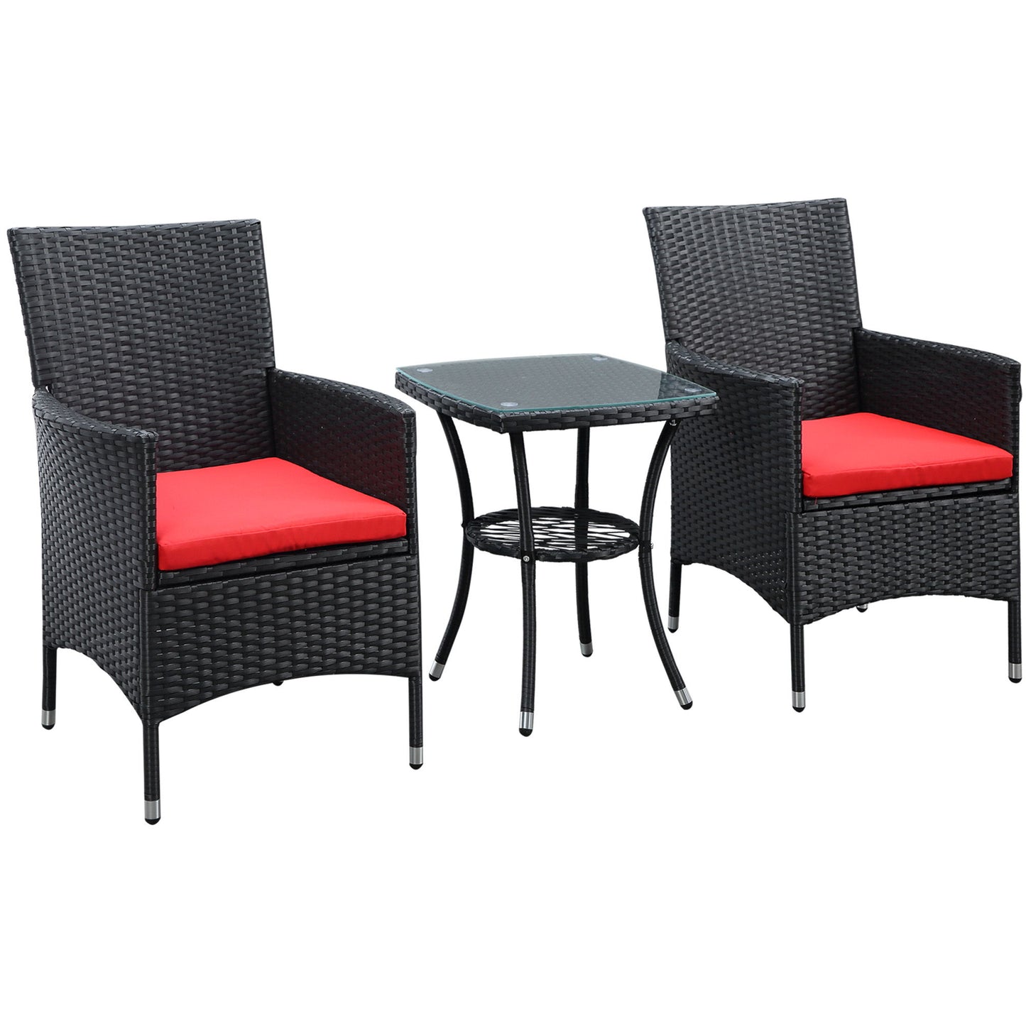 3 Pieces Wicker Patio Furniture Set, Rattan Bistro Set with Glass Top Coffee Table and Cushions, Outdoor Conversation Set for Garden, Porch, Balcony, Red