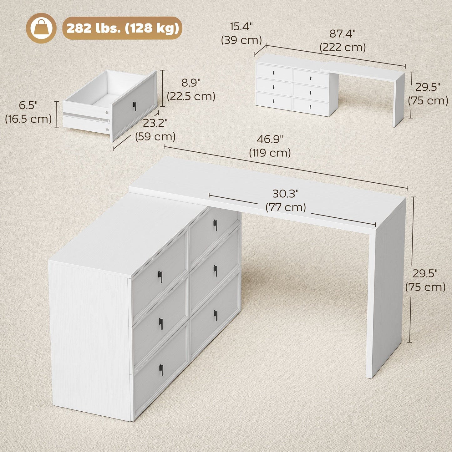 L-Shaped Computer Desk with 6 Drawers - White Wood Grain