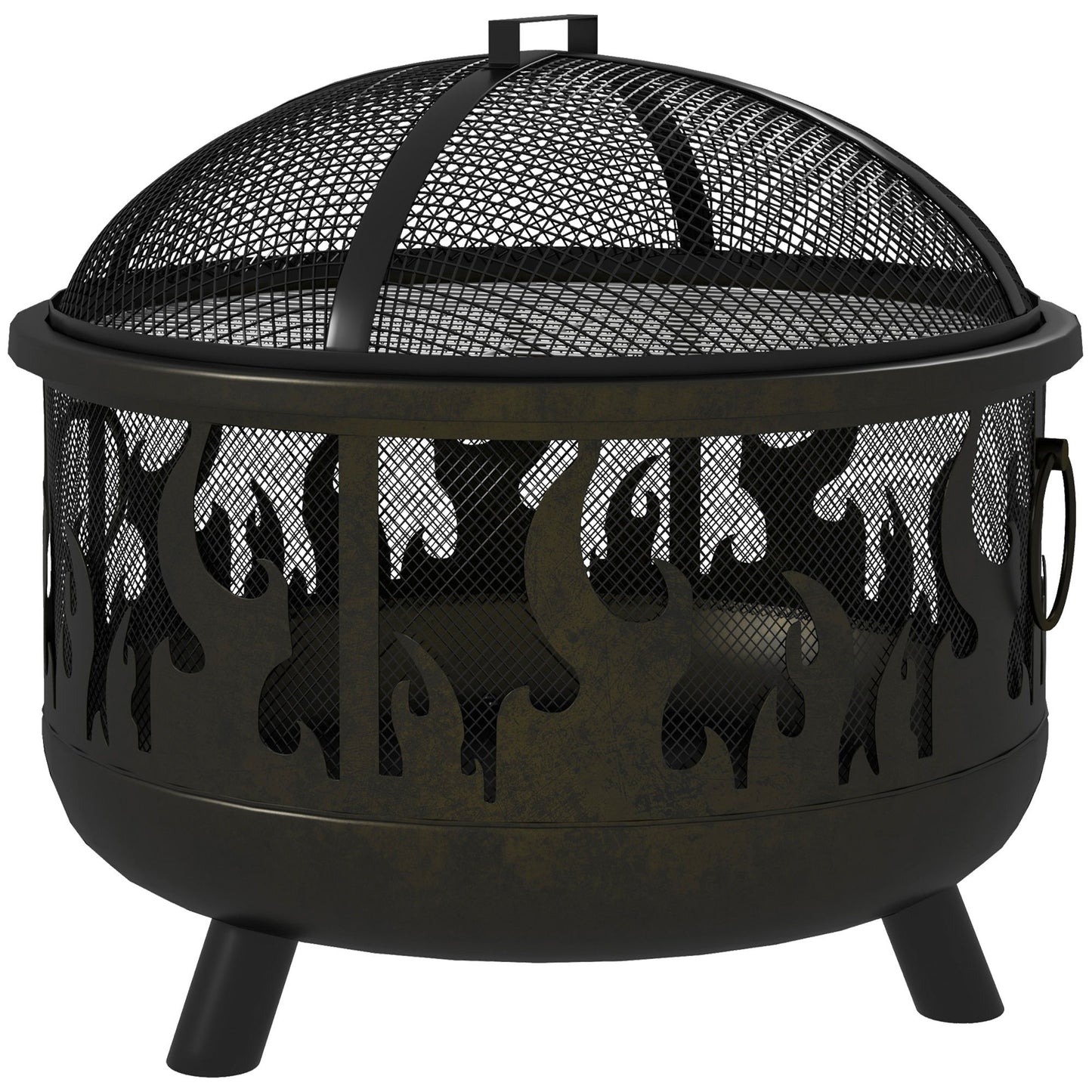 Outdoor Metal Fire Pit, 24" Round Firepit Bowl w/ Lid Grill Poker Handles for Garden, Camping, BBQ, Bonfire, Black