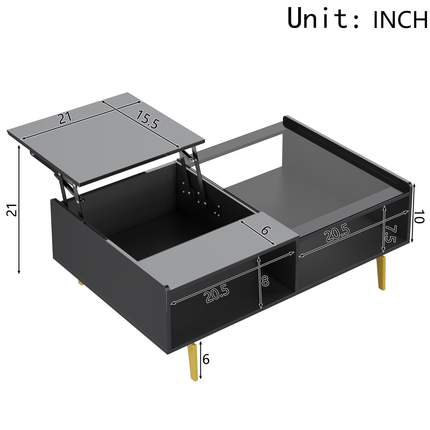 High-Gloss Coffee Table with LED Lighting and Glass Top, Adjustable Heigh, Storage Compartments, Easy to Install, 43.5" L x 21.5" W x 15.5" H, Black