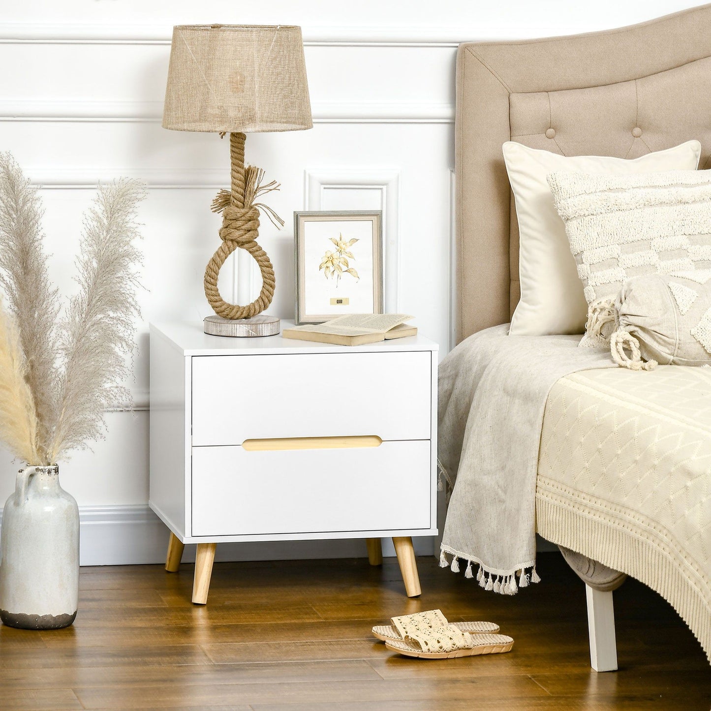 Nightstand with 2 Drawers and Wood Legs - White