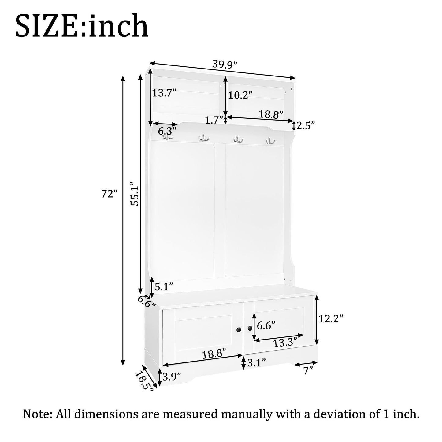 Space‑Saving Coat Rack with 4 Hooks and Top Open Shelf, Multifunctional Cabinet for Compact Homes, 40'' L x 18.5'' W x 72'' H, White