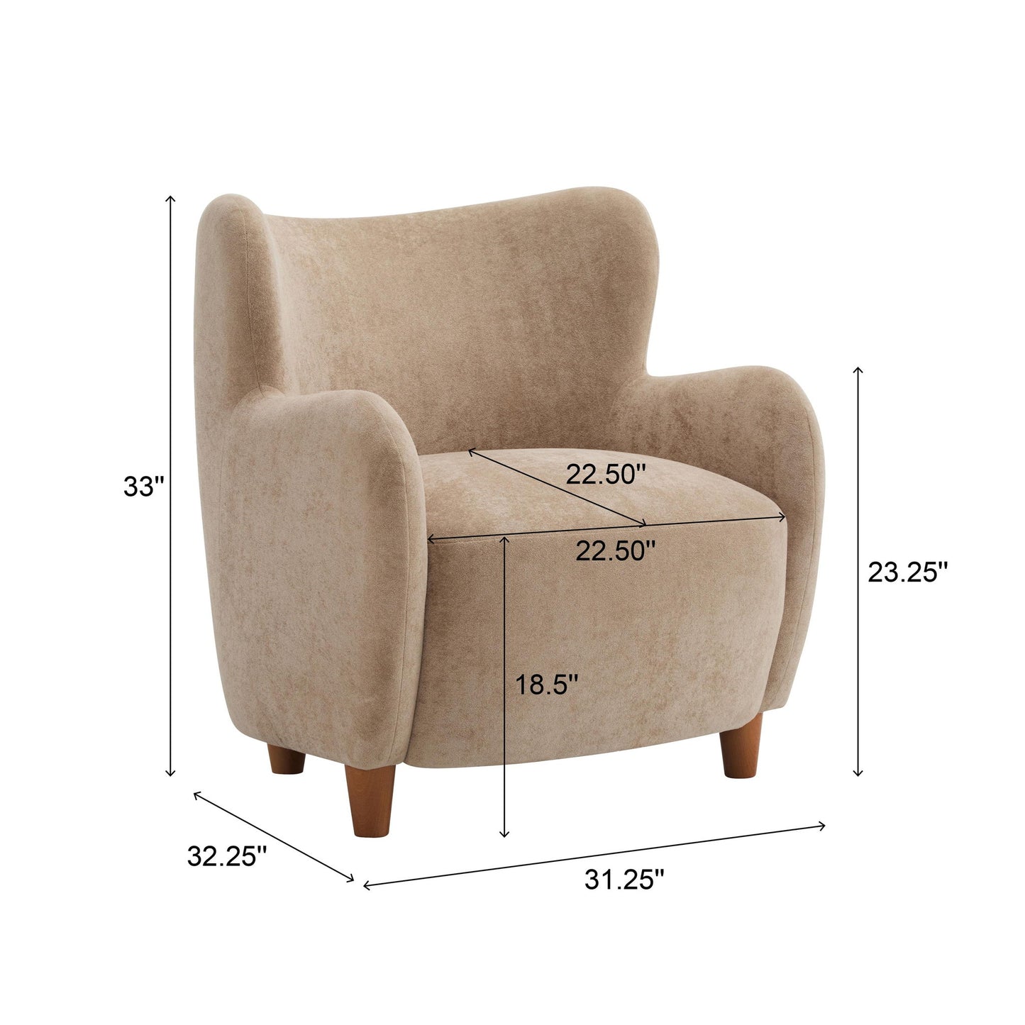 Luxe Wingback Armchair with Pocket-Spring Cushion, Elegant Lounge Chair for Living Room, 31" L x 32" W x 33" H, Light Camel+Light Teak