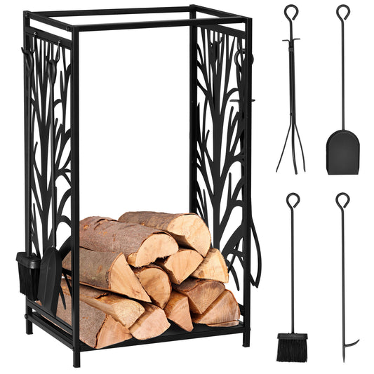 18.1" x 11.8" x 27.6" Firewood Rack with 4 Tools, Log Holder for Fireplace, Outdoor Indoor Wood Storage Stacker, Black
