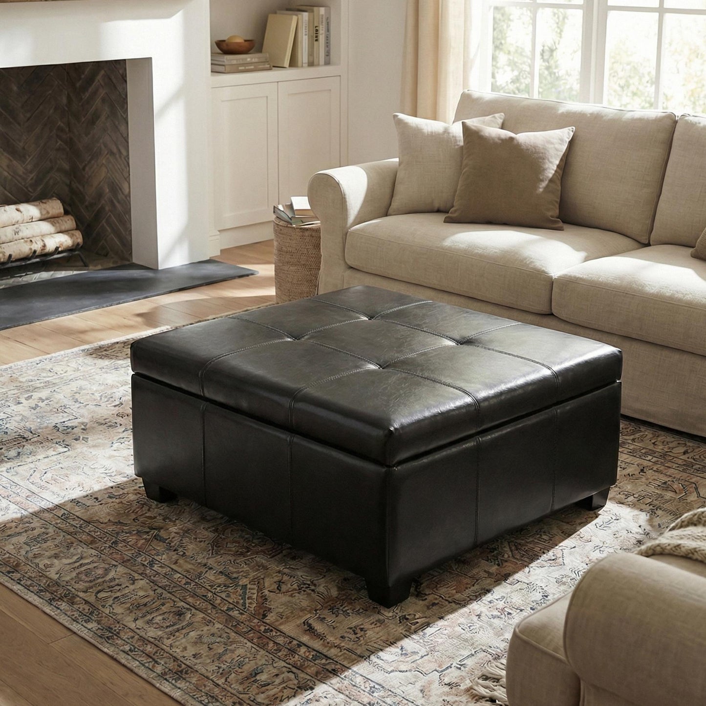 Large Square Ottoman with Upholstered PU Leather and High‑Density Foam, Modern Coffee Table with Storage, 34'' L x 34'' W x 18.5'' H, Black