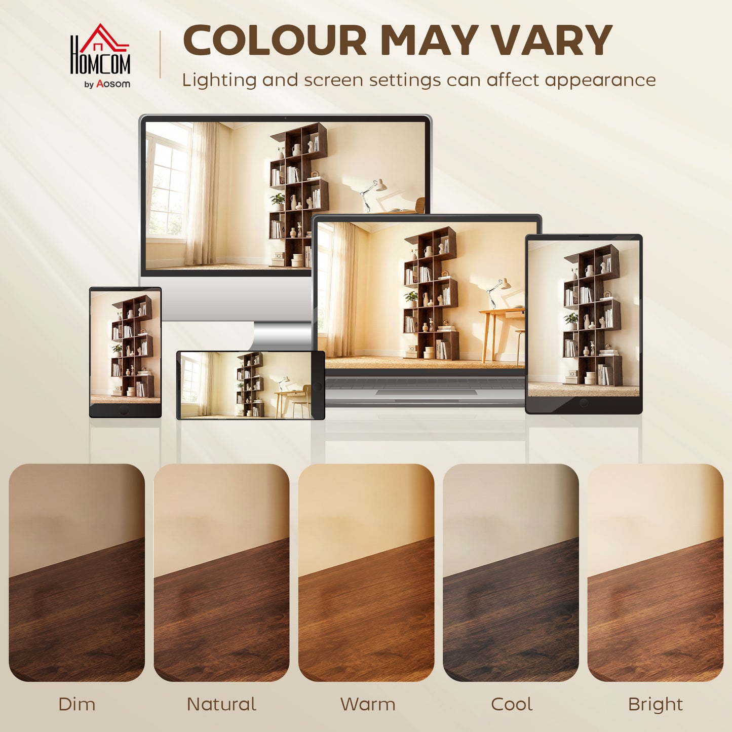 5-Tier Bookshelf, S Shaped Geometric Bookcase with 15 Compartments, Brown Wood Grain