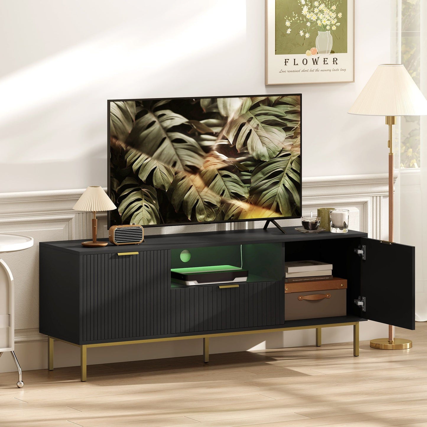 TV Console with RGB LED Lights and Soft-Close Doors - Black