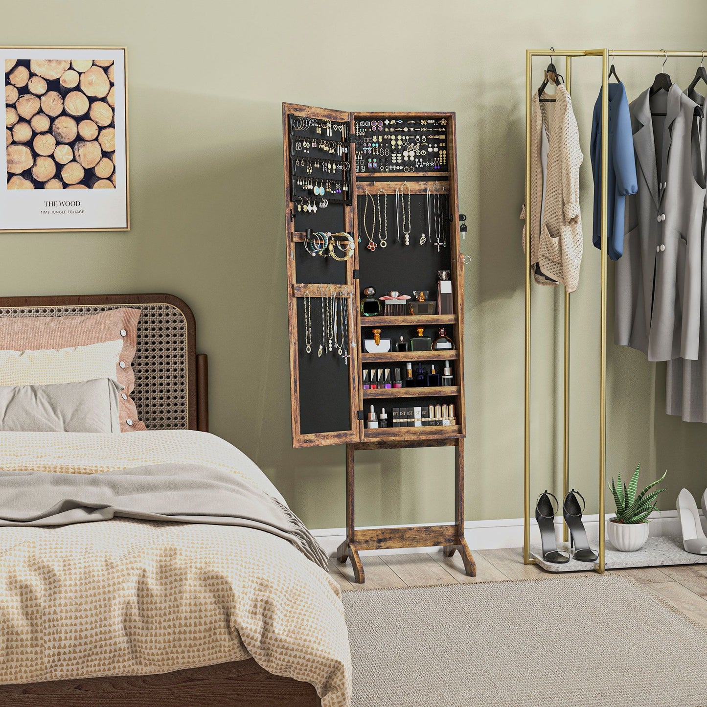 Lockable Mirror Jewelry Cabinet, Full-Length Mirror and Jewellery Storage with 3 Adjustable Angles, Rustic Brown