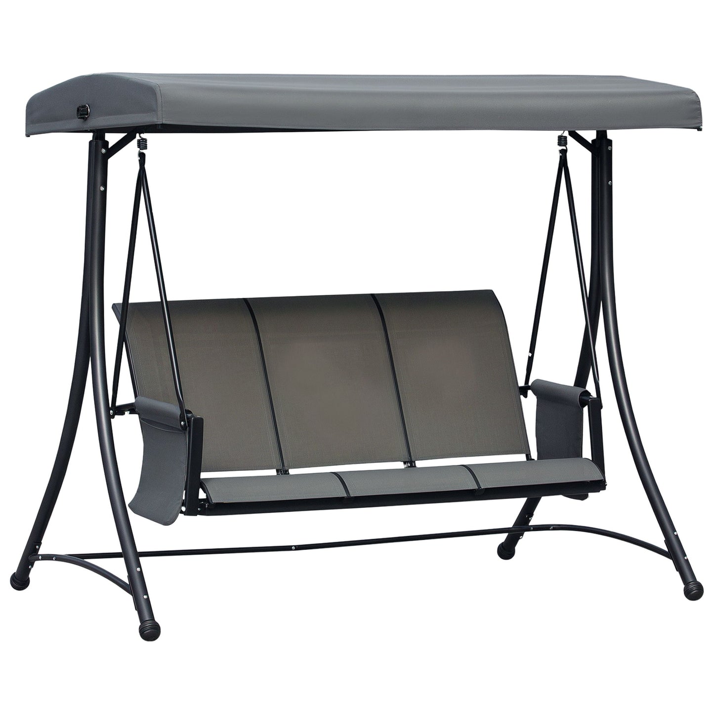 3 Person Porch Swing Outdoor Swing Chair with High Back Design, Side Pouches and Adjustable Canopy, Dark Grey