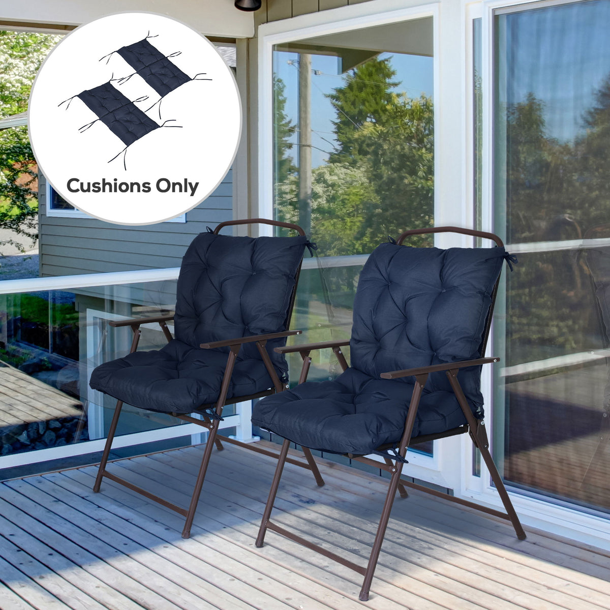 Patio Chair Cushions Set of 2, 39" x 20" x 3" Outdoor Tufted Cushion Set with Ties for Indoor Outdoor Garden Furniture, Dark Blue