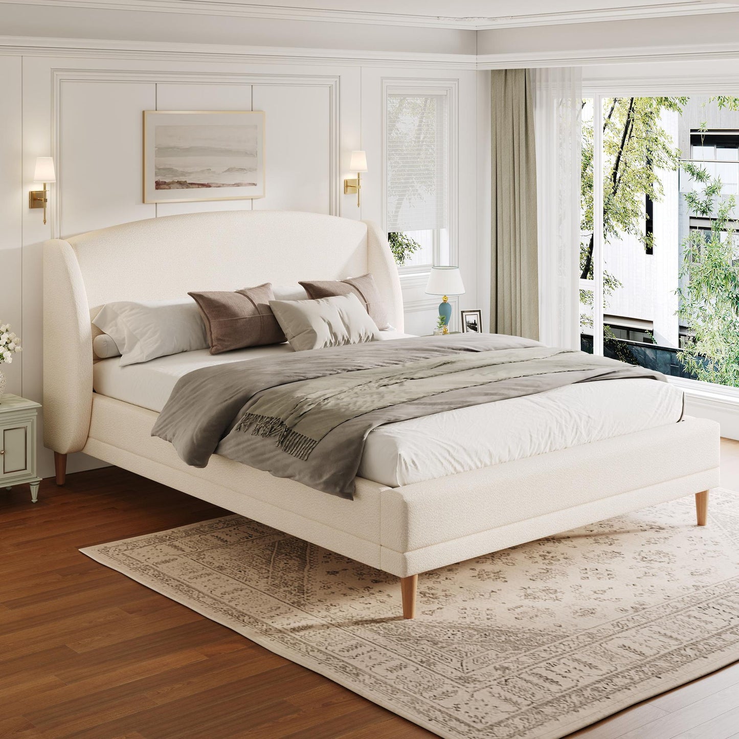 King Size Bed Frame with Soft Boucle Wingback Headboard, Upholstered Platform Bed with Wood Slats, 86.5'' L x 84'' W x 45.5'' H, White