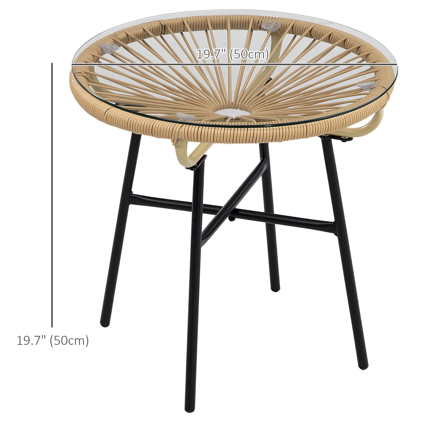 Rattan Side Table, Round Outdoor Table, with Round PE Rattan and Tempered Glass Table Top for Patio, Garden, Beige