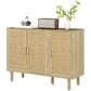 Bohemian Sideboard, 46.9" Buffet Cabinet with 3 Rattan Doors and Shelves for Living Room, Hallway, Oak