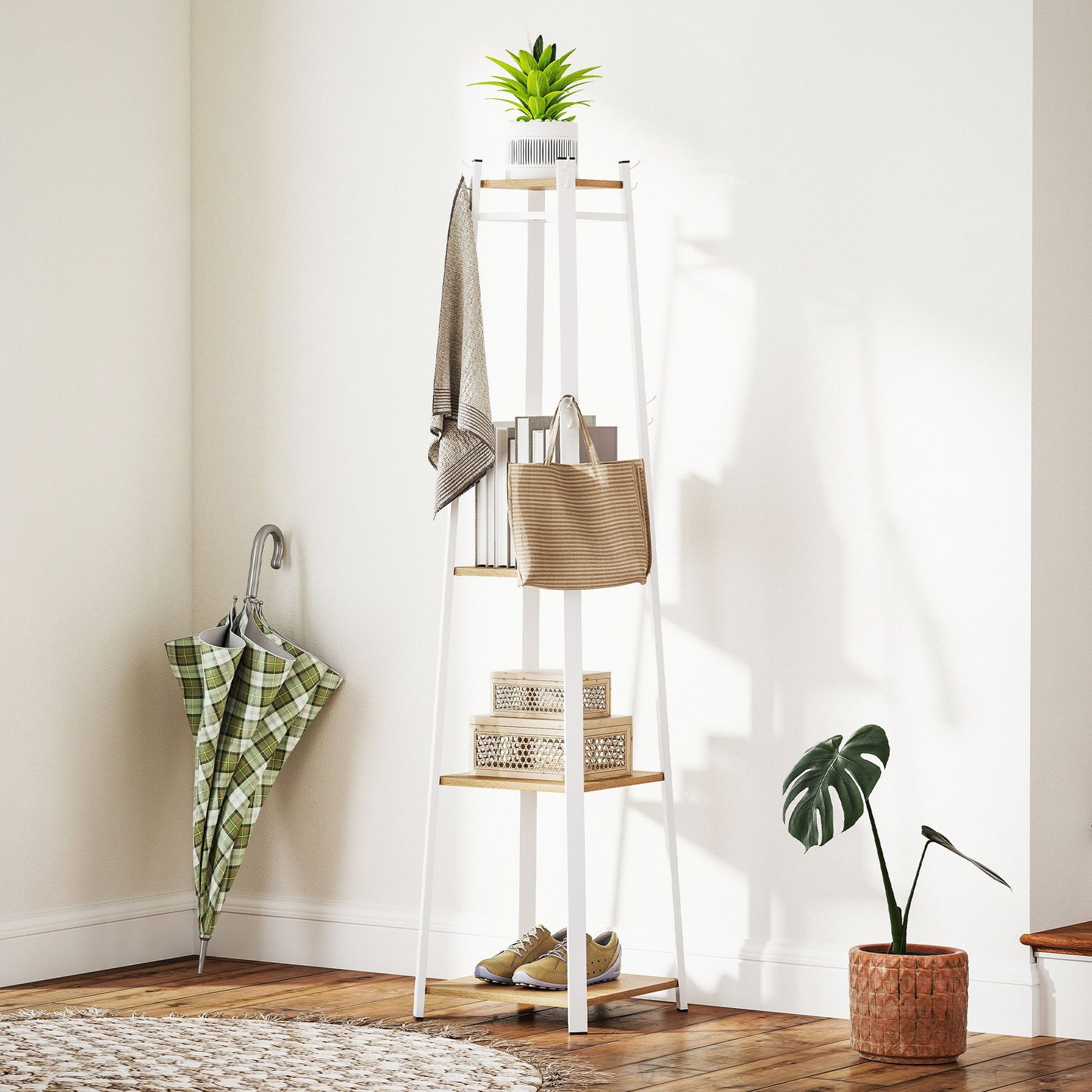 Clothes Rack with Storage, Garment Rack with 8 Hooks and 3-Tier Shelf, Clothes Stand for Bedroom, Entryway, Oak