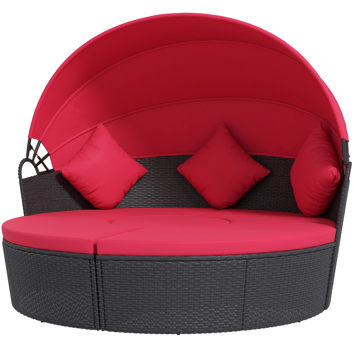 4-piece Round Sofa Bed, Outdoor Daybed with Retractable Canopy, PE Rattan Wicker Patio Lounge Chair