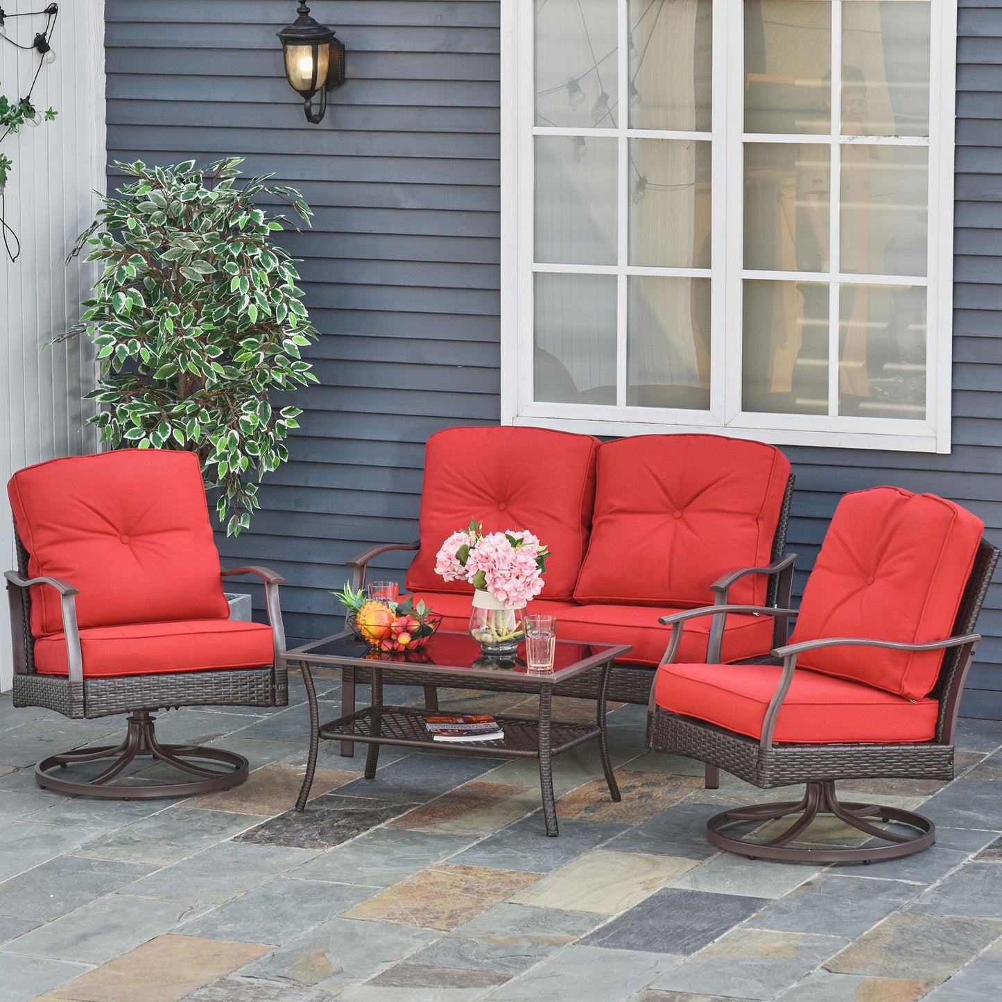 4 PCS Patio PE Rattan Wicker Chair Set Outdoor Conversation Furniture w/ Two Tier Tea Table & Cushions, Red