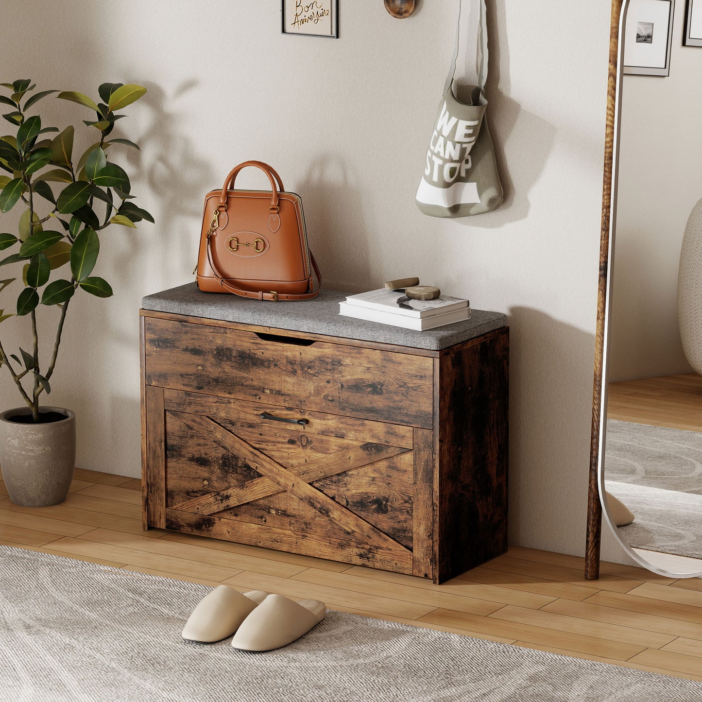 Shoe Storage Bench with Flip Drawer and Lift Top Storage, Entryway Bench with Seat Cushion for Hallway, Rustic Brown