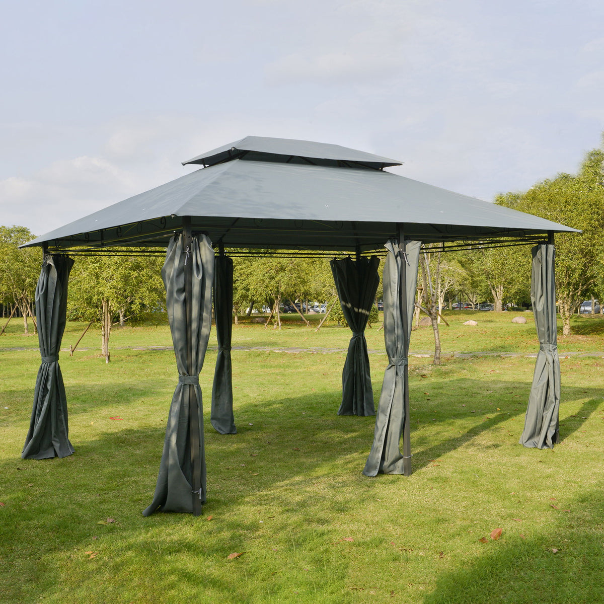 13'L x 10'W x 8.7'H Patio Gazebo Outdoor 2-Tiers Garden Canopy Yard Sunshade Shelter with Curtains, Grey