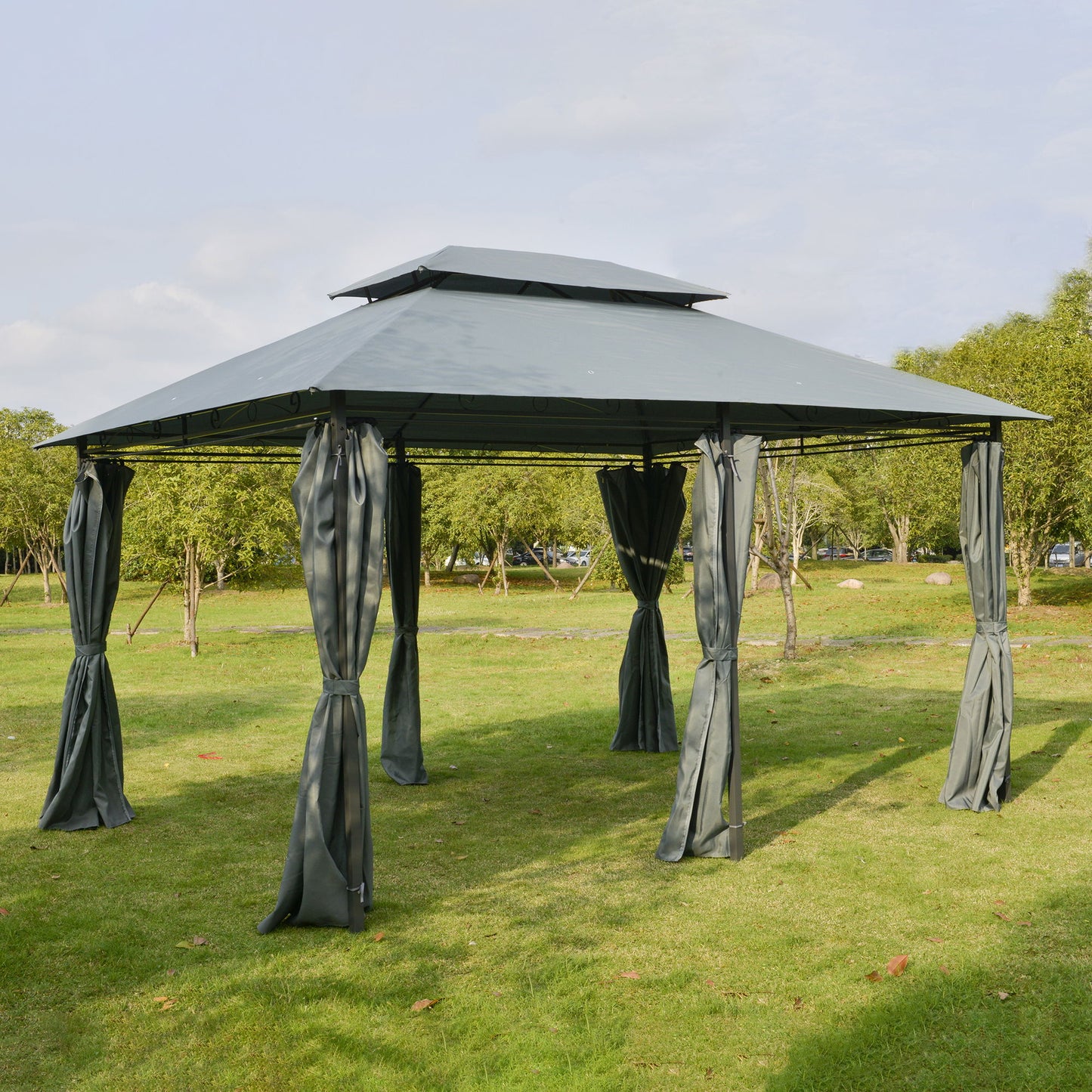 13'L x 10'W x 8.7'H Patio Gazebo Outdoor 2-Tiers Garden Canopy Yard Sunshade Shelter with Curtains, Grey