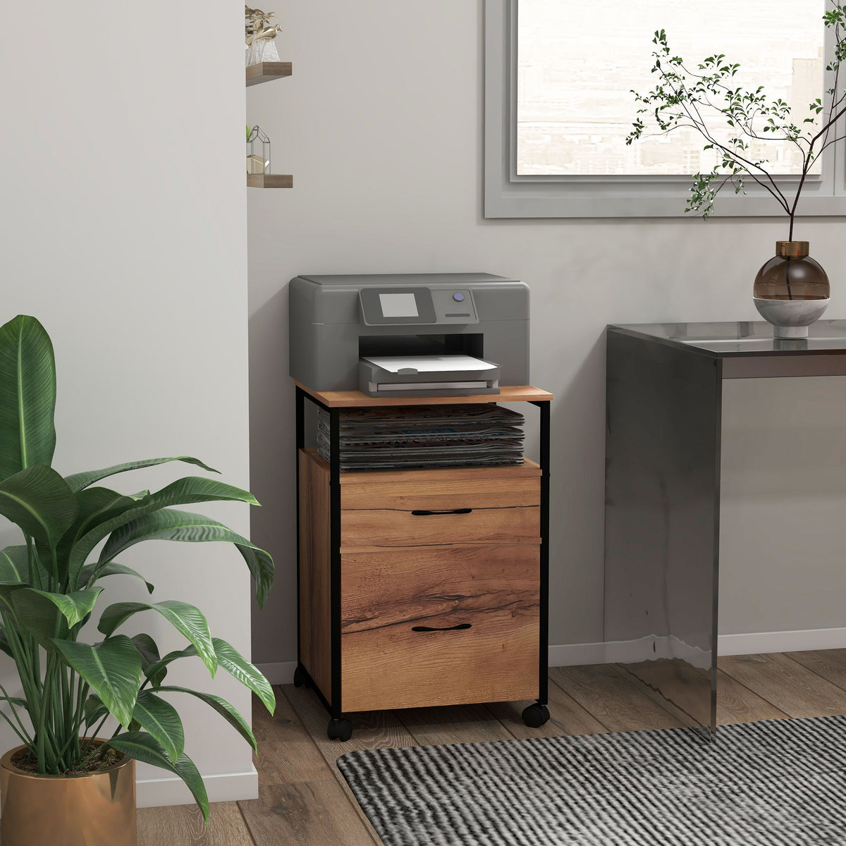 Vertical Filing Cabinet with Wheels, 26.2" Tall File Cabinet with 2 Drawers, Open Shelf, Hanging Bars for Letter and A4, Industrial Home Office Printer Stand, Rustic Brown