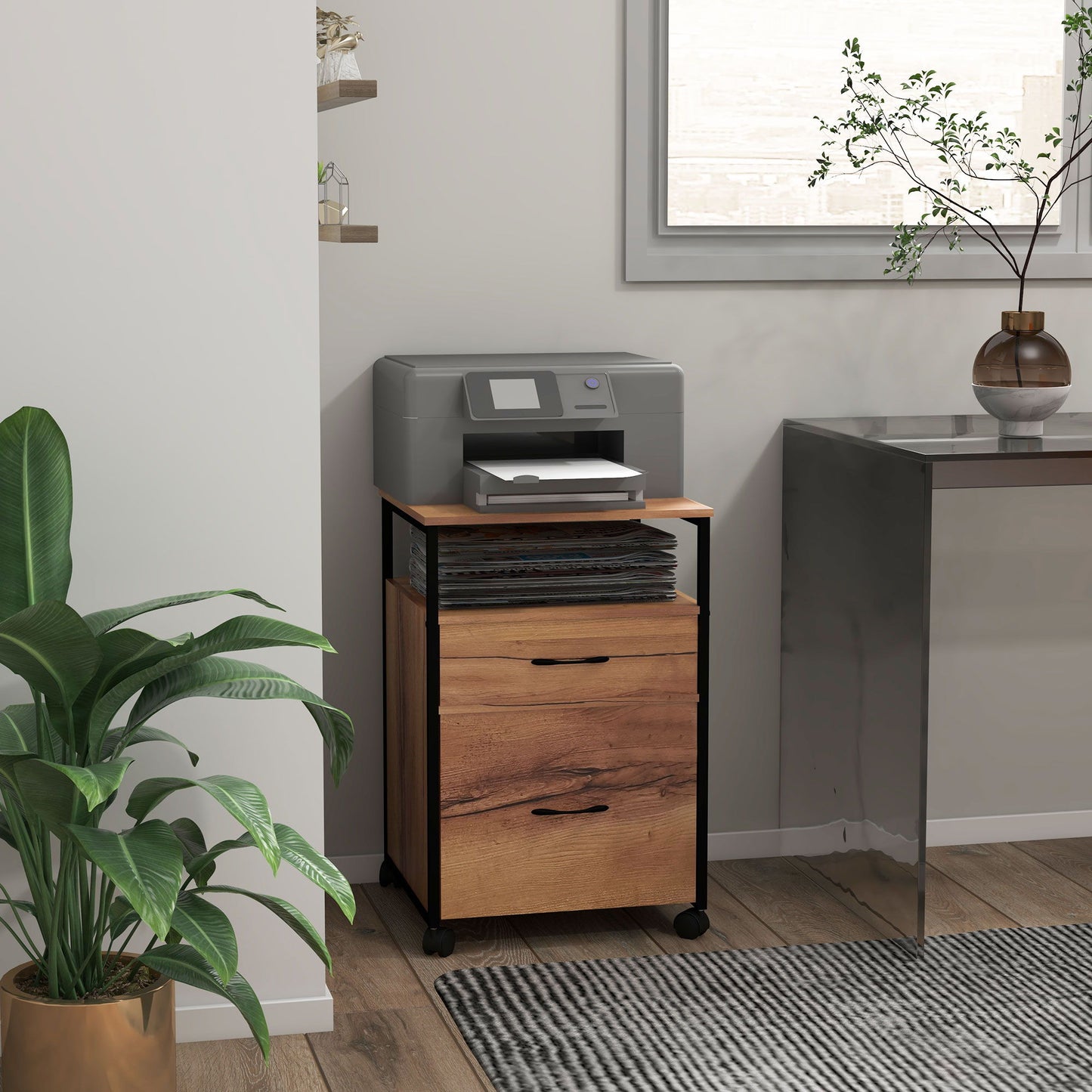 Vertical Filing Cabinet with Wheels, 26.2" Tall File Cabinet with 2 Drawers, Open Shelf, Hanging Bars for Letter and A4, Industrial Home Office Printer Stand, Rustic Brown
