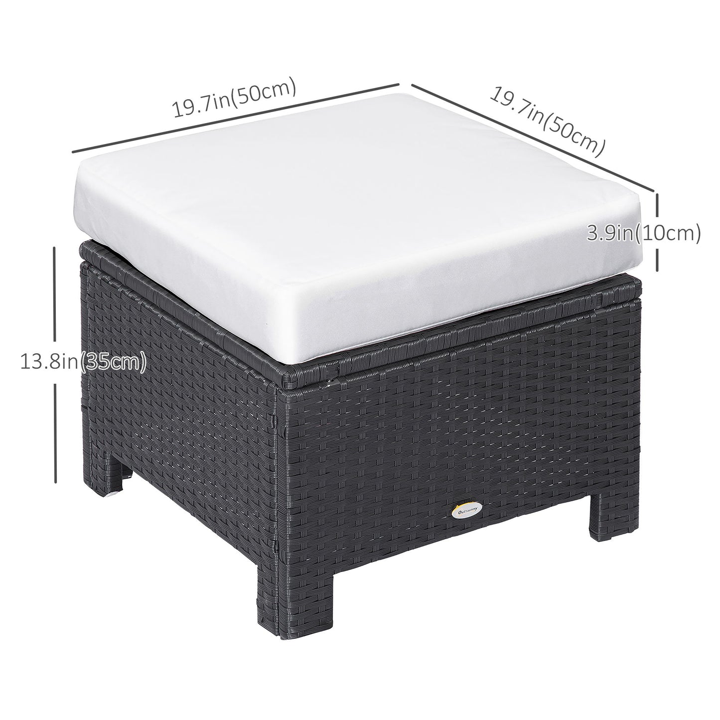 Patio Rattan Ottoman, Outdoor Wicker Footrest with Soft Cushion, Metal Frame for Backyard, Garden, and Poolside, White