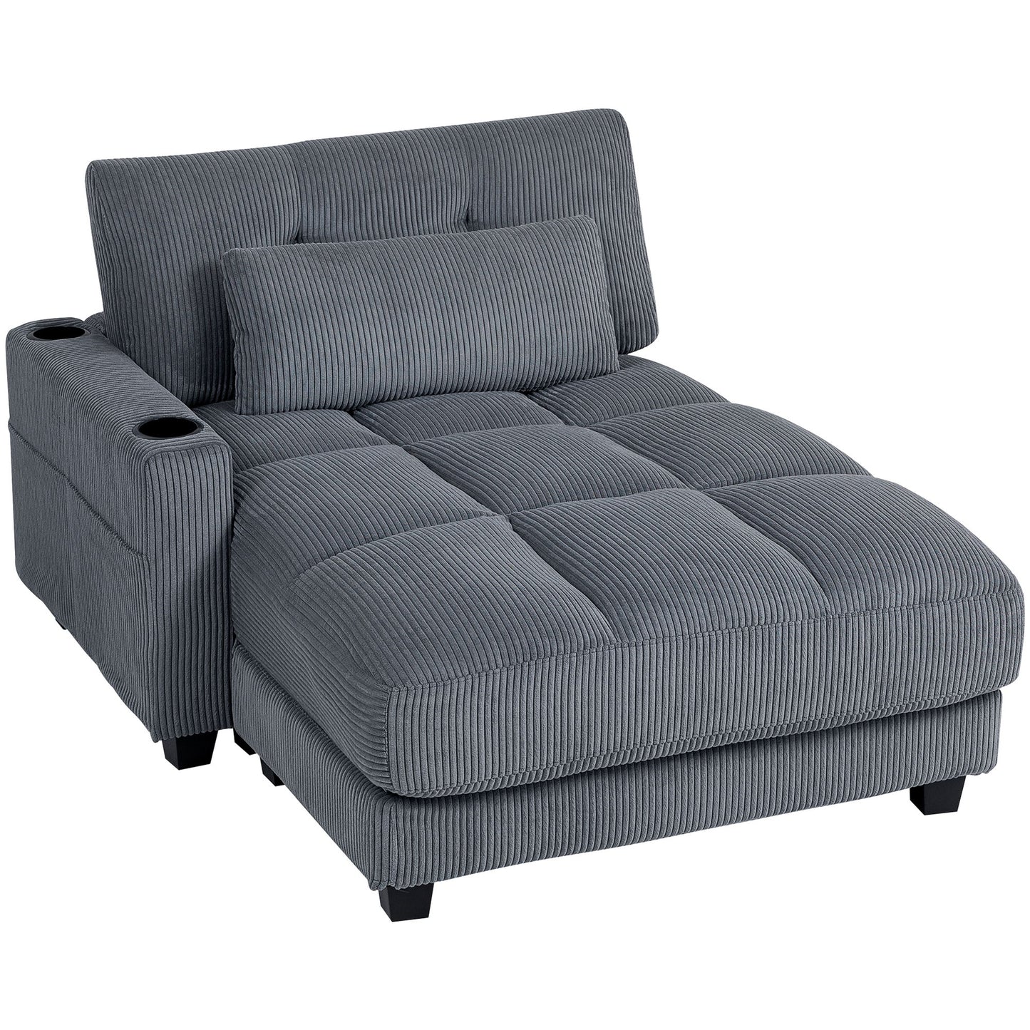 58" Chaise Lounge Indoor, Oversized Corduroy Sofa Bed with 2 Cup Holders, Pillow, Deep Seat Sleeper Couch, Dark Grey