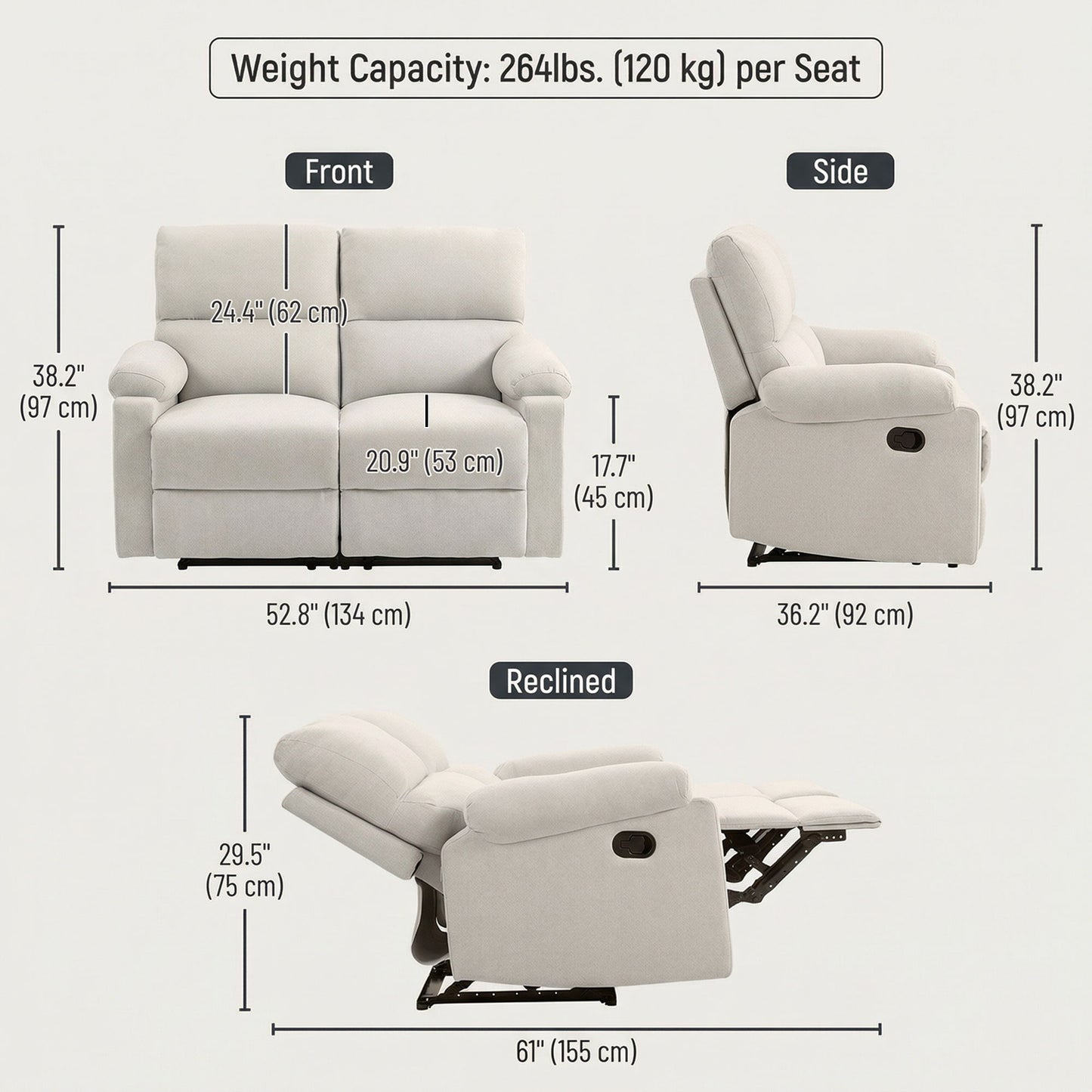 2 Seater Reclining Sofa, Loveseat Recliner Sofa with Footrest and Split Backrest, for Home Theater, Living Room, Cream White