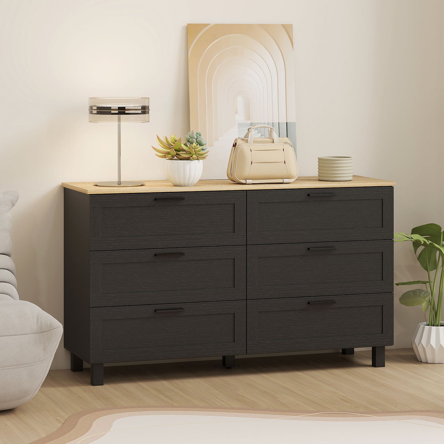 47" Wide Chest of Drawers, Modern Dresser with 6 Drawers and Wood Legs for Bedroom, Living Room, Entryway, Black