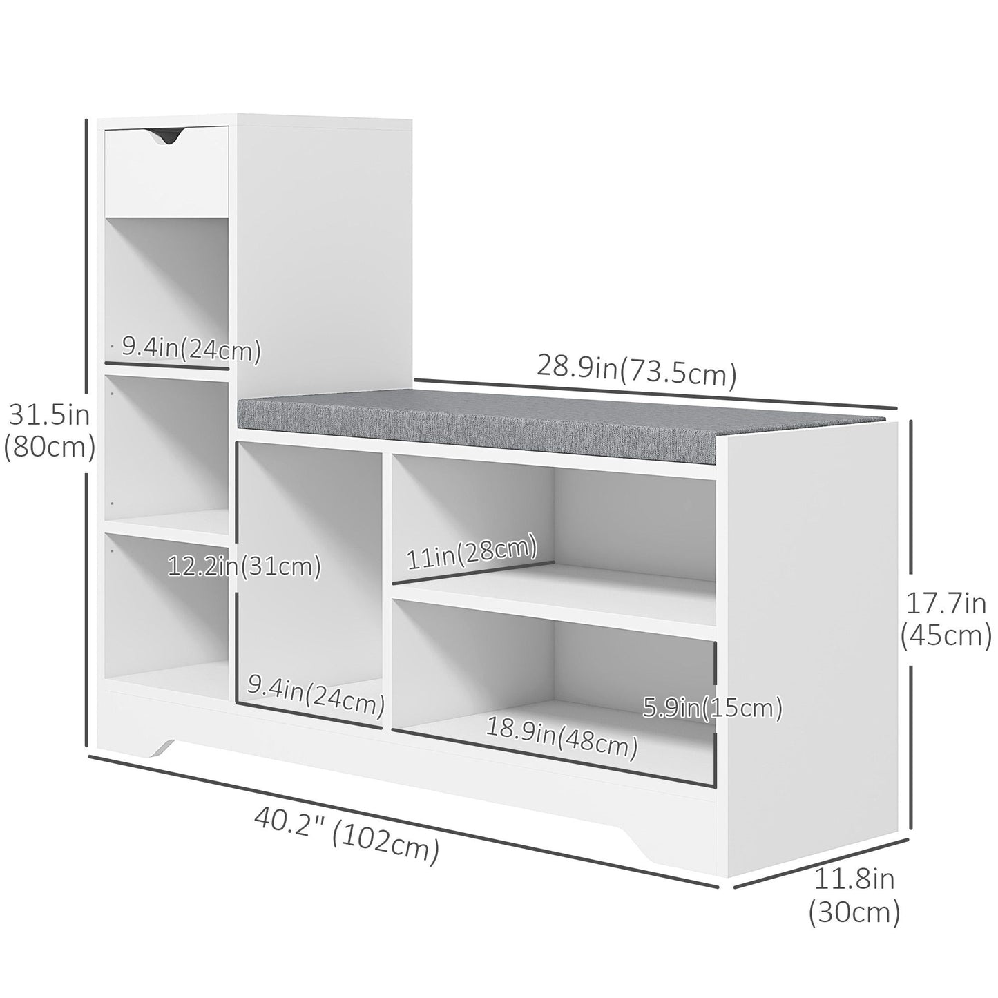 Shoe Storage Bench with Drawer and 6 Shelves - White