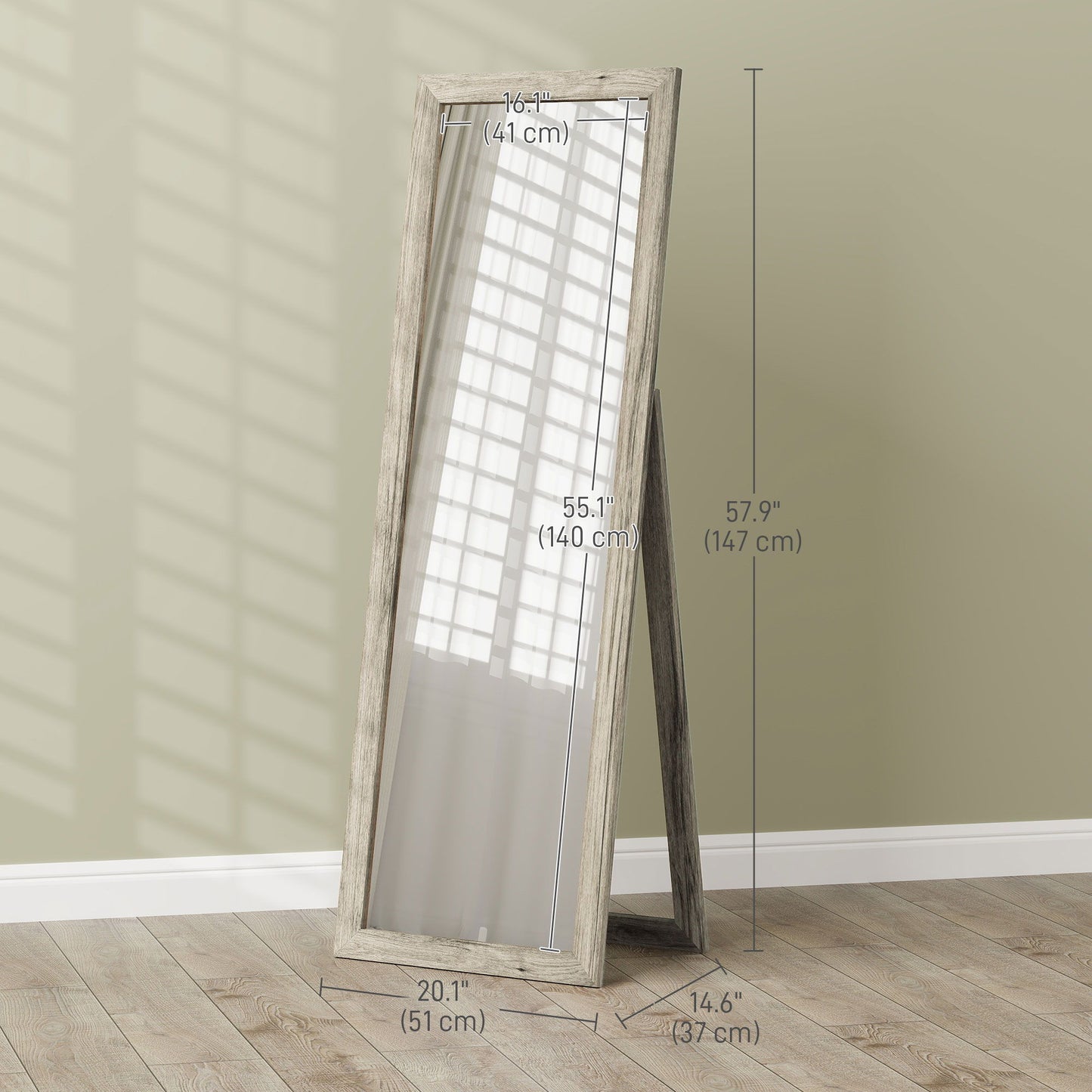 58" x 20" Floor Standing Mirror, Full Body Mirror for Bedroom, Living Room, Grey Wood Grain