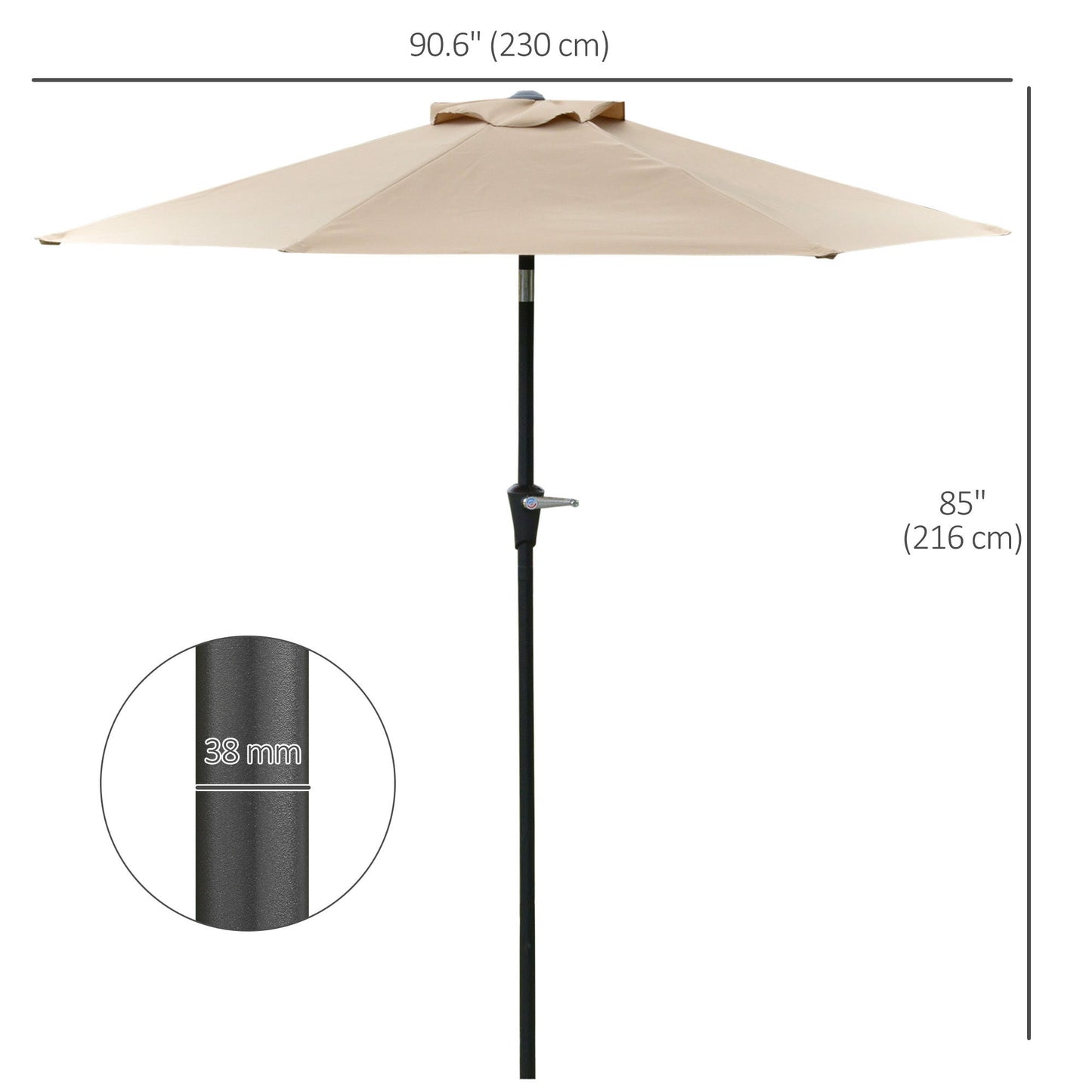 Patio Sun Umbrella, Outdoor Parasol with 6 Ribs, Khaki