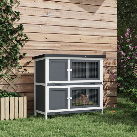 Wood Rabbit Hutch with 2 Large Main House, Ramp, Trays, Grey
