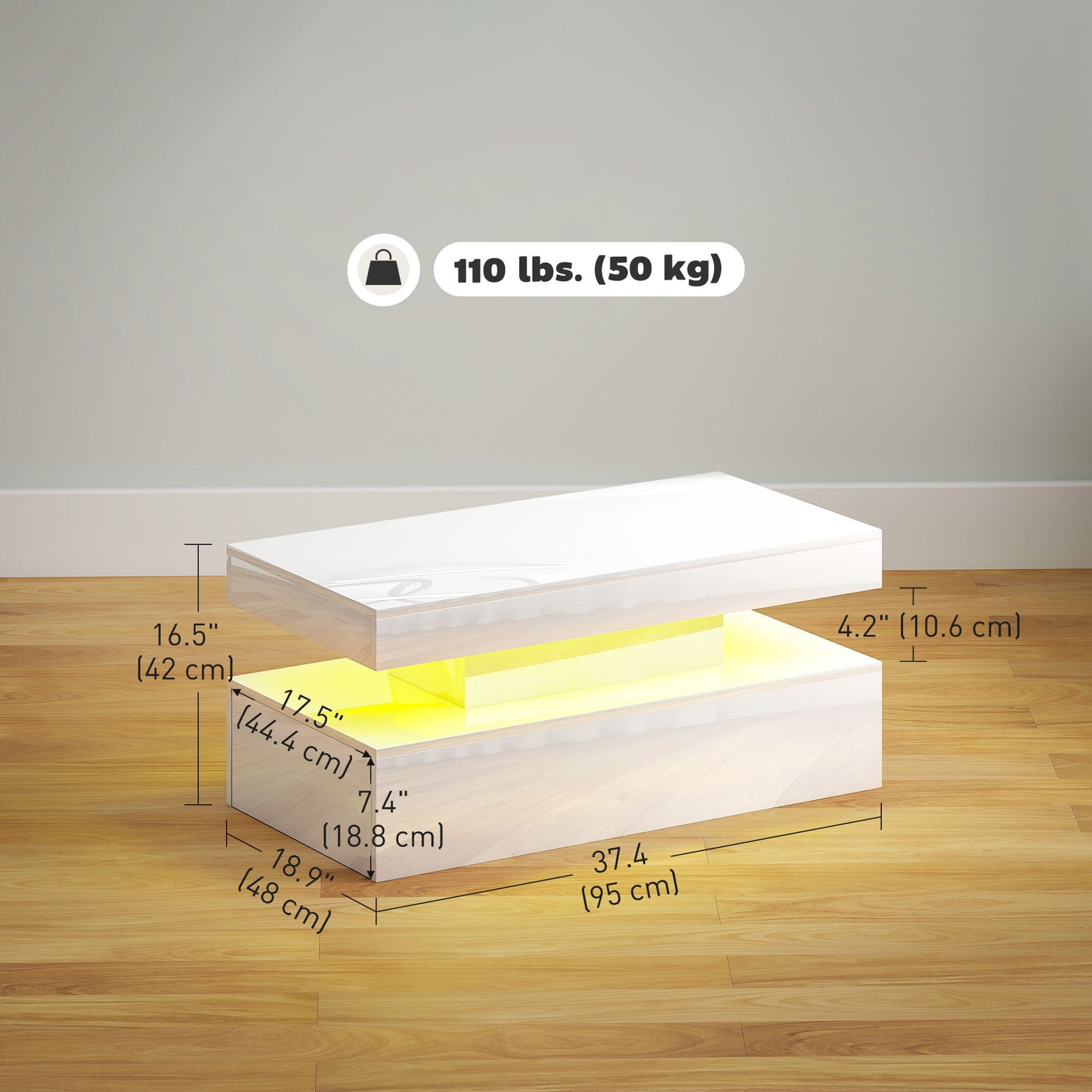LED Coffee Table, Living Room Table with 2 Drawers and Open Shelf, High Gloss White