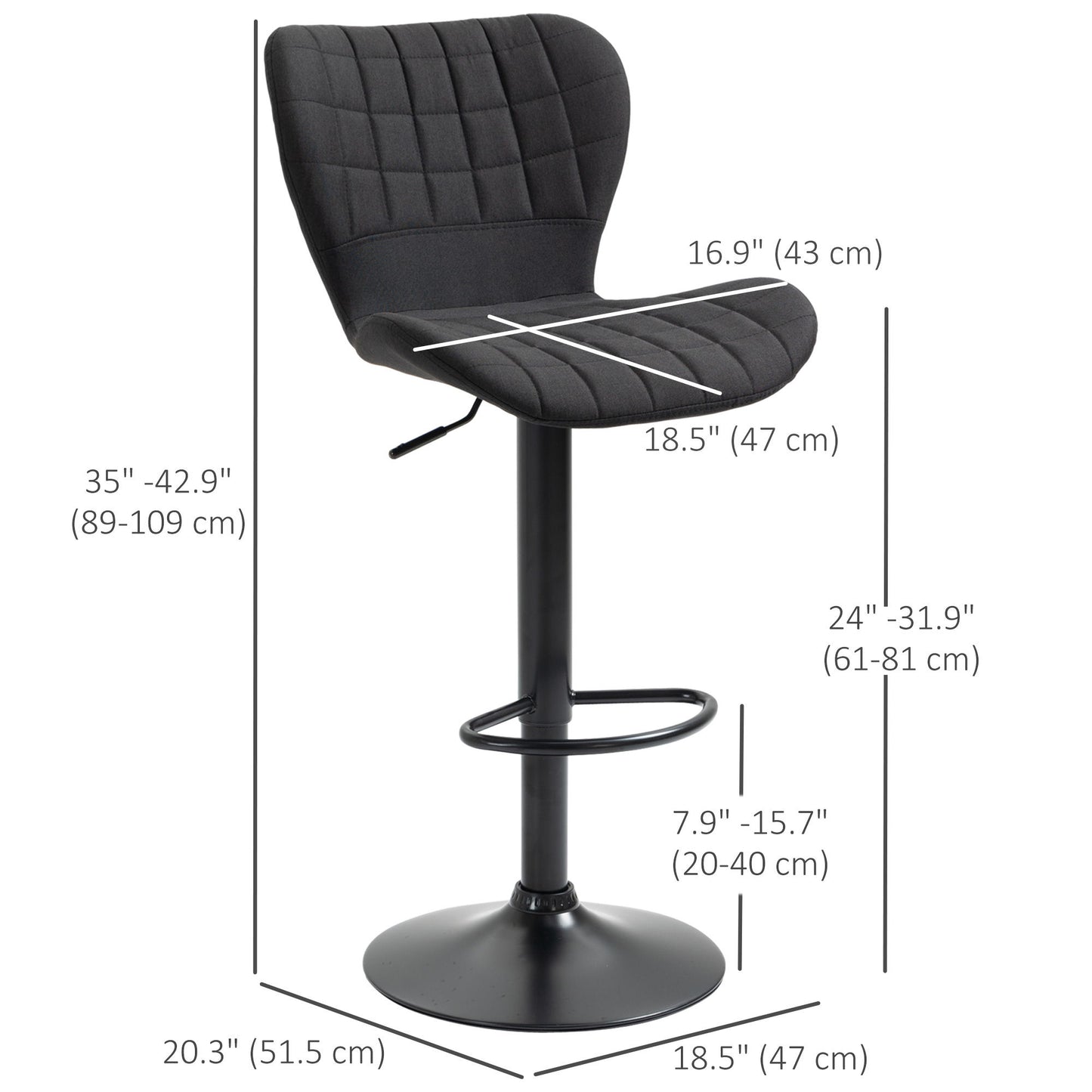 Bar Stools Set of 2, Adjustable Height Swivel Bar Chairs, Linen-feel Fabric Upholstered Kitchen Counter Stools with Wide Seat, Back and Footrest, Black