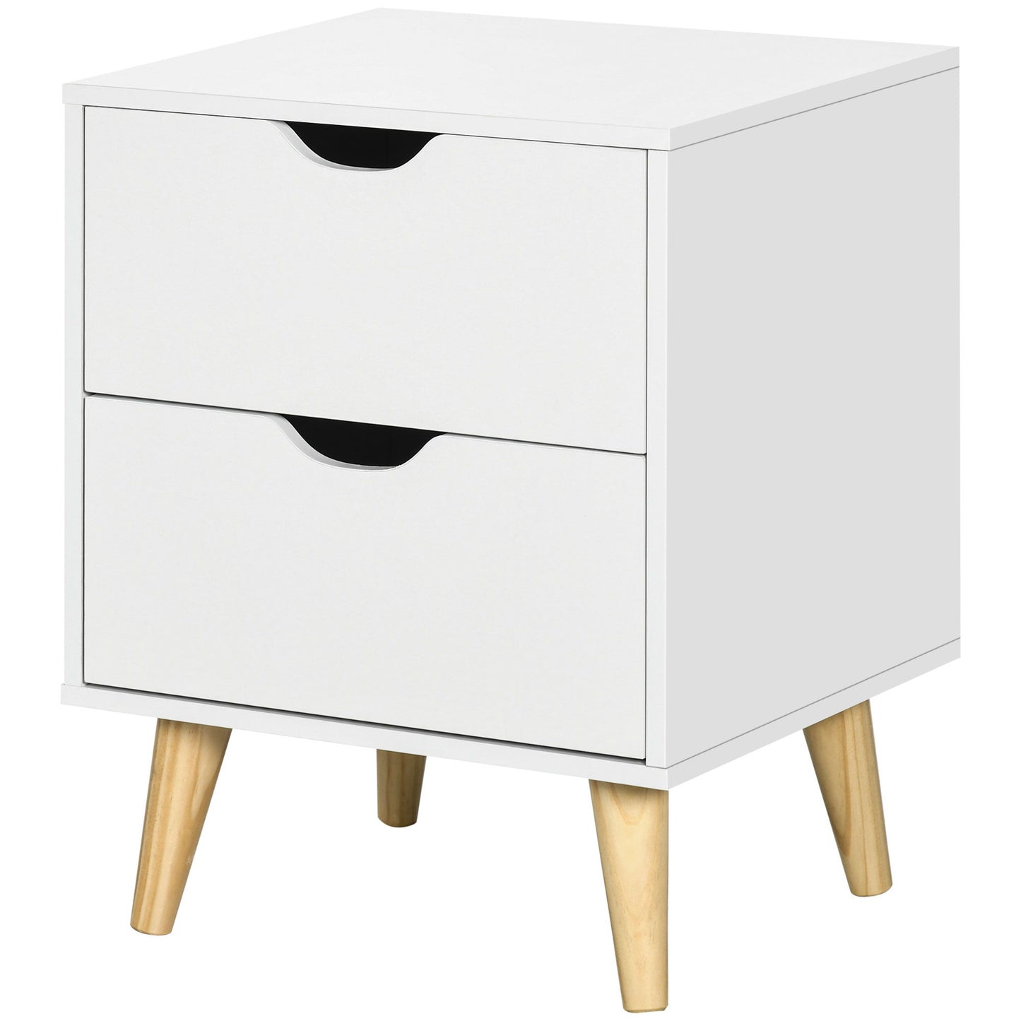 Modern Bedside Table, Nightstand with 2 Drawers and Pine Wood Legs for Bedroom, Living Room, White
