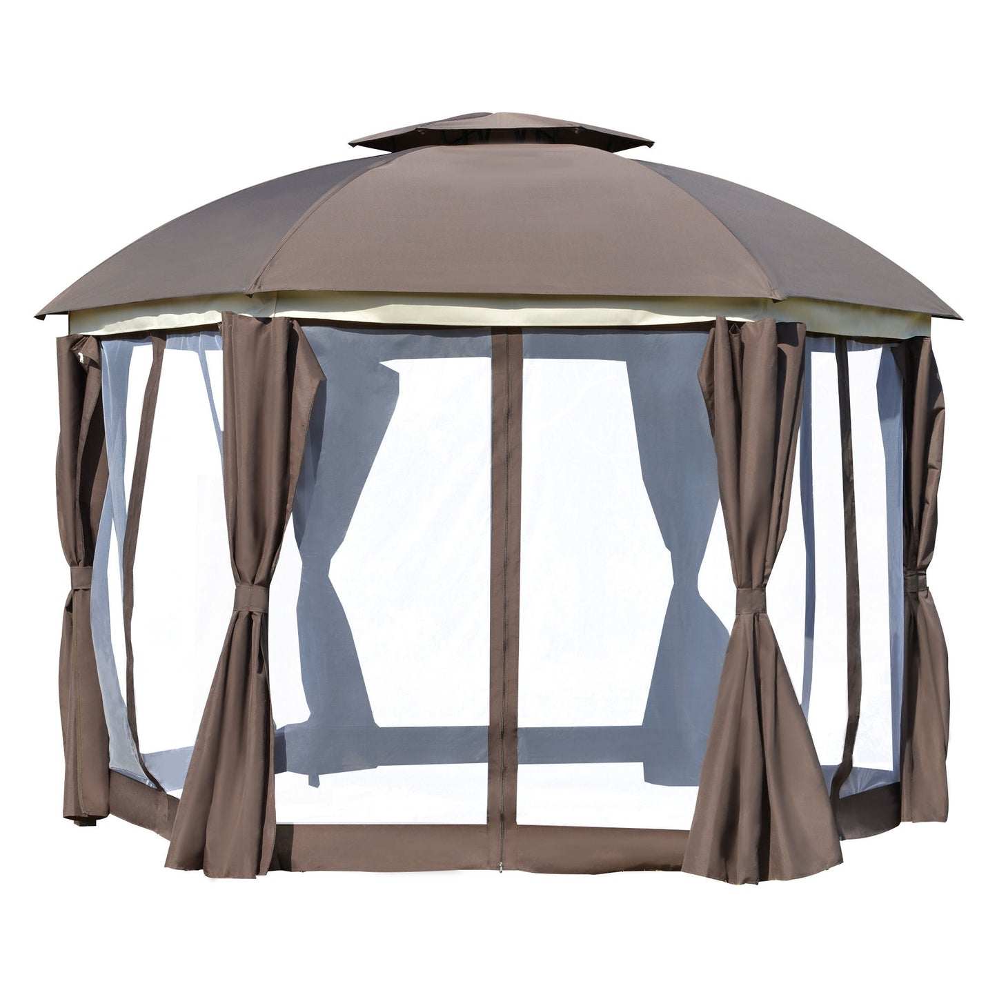 12' x 12' Outdoor Gazebo Canopy, Dome Patio Gazebo Netting Sidewalls and Curtains, Double Vented Roof, Brown