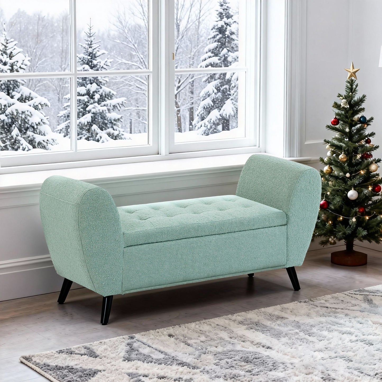 Upholstered Storage Bench with Arms, Modern Ottoman Bench for Bedroom, Entryway, and Living Room, Green