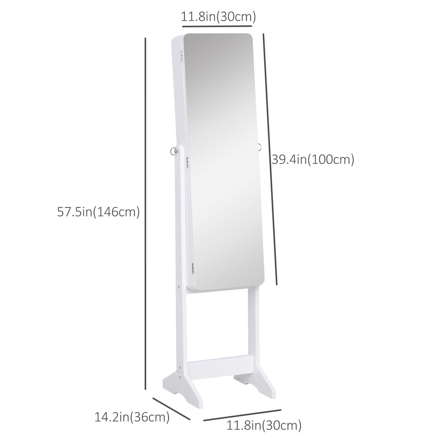 Freestanding Mirror Jewelry Cabinet Armoire, LED Lighted Jewelry Organizer with Stand, Angle Adjustable, White
