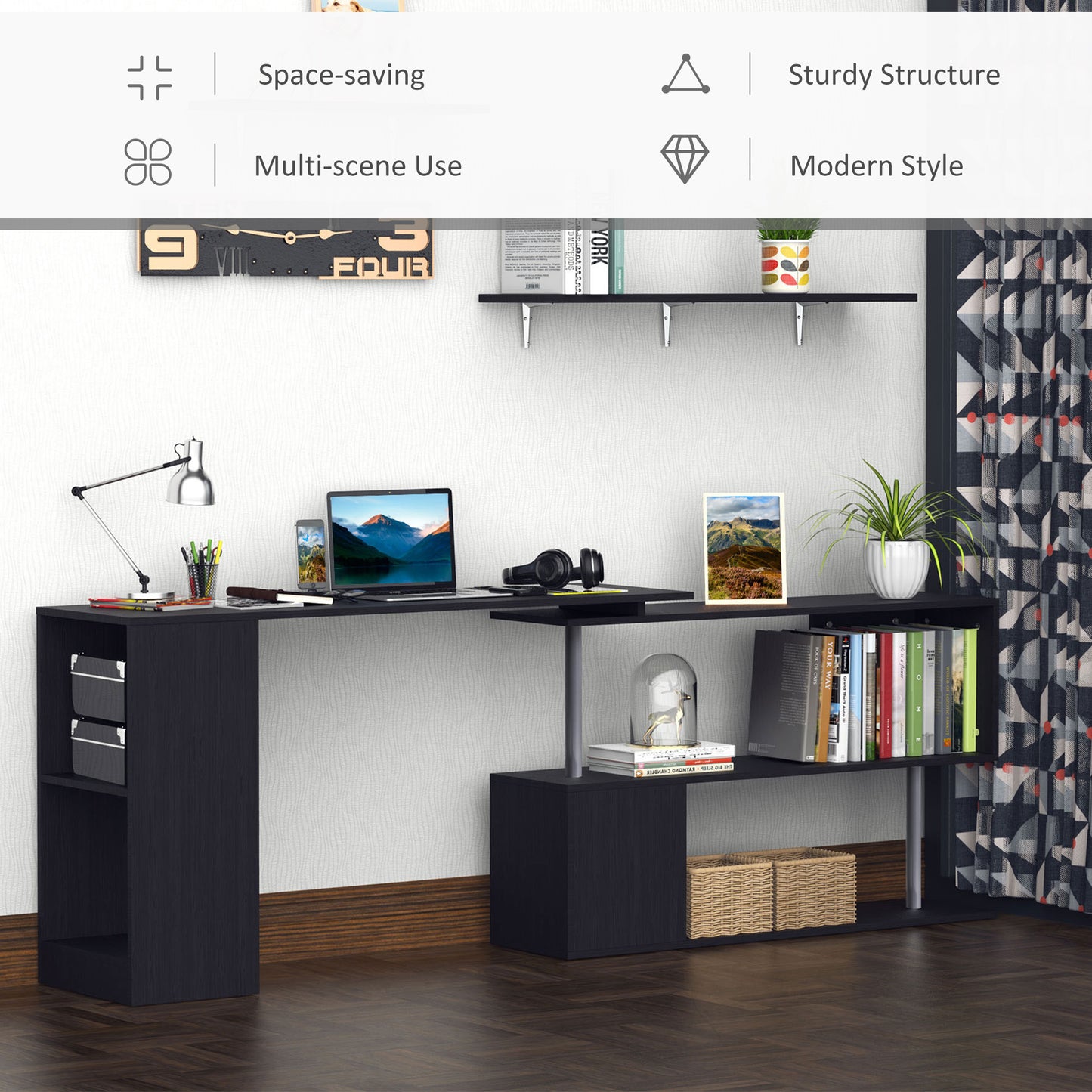 55" Corner Computer Desk, 360° Rotating L-Shaped Desk, Home Office Workstation with 3-Tier Shelves, Black