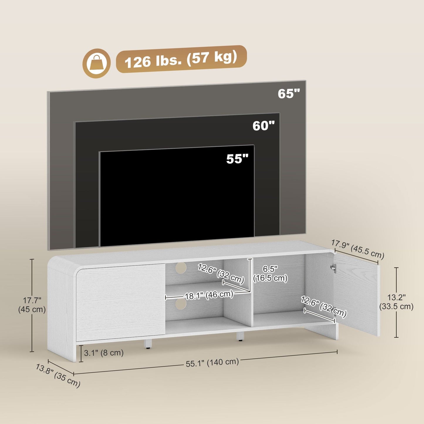65" Nordic TV Stand with 2 Cabinets - White