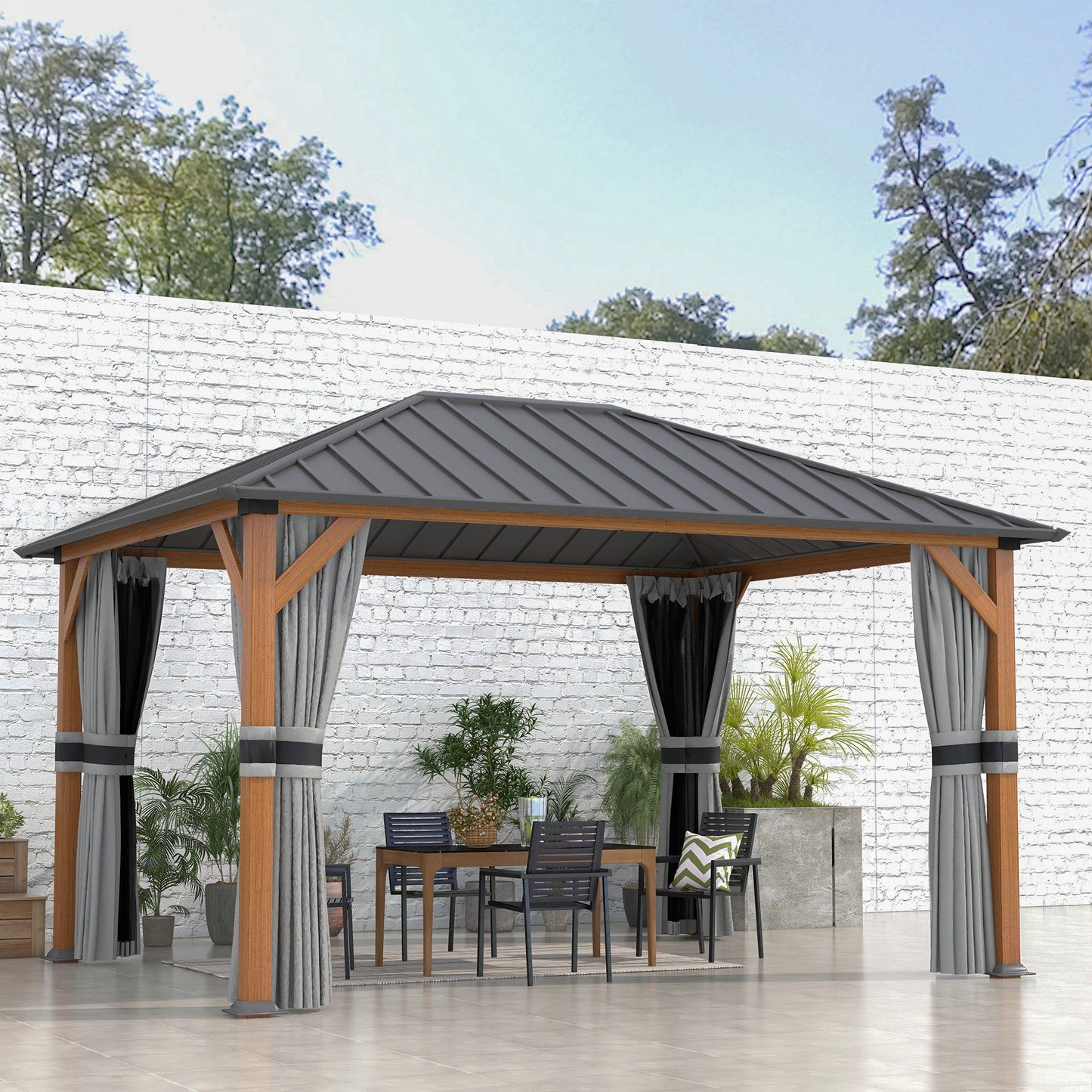 13' x 10' Hardtop Gazebo with Netting Sidewalls and Curtains, Galvanized Steel Outdoor Gazebo Canopy for Garden