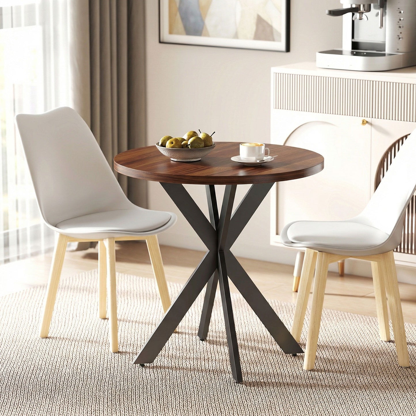 29" Dining Table, Contemporary Round Kitchen Table with Steel Legs, Walnut