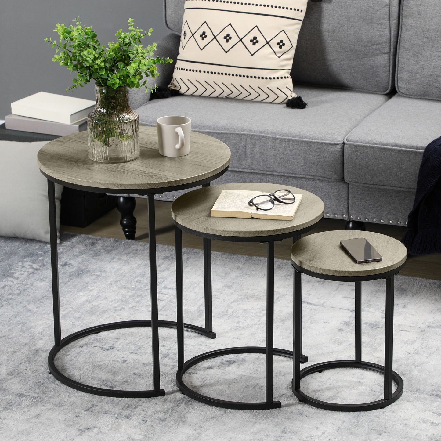 Nesting Tables Set of 3, Round Coffee Table, Stacking Side Tables with Steel Frame for Living Room