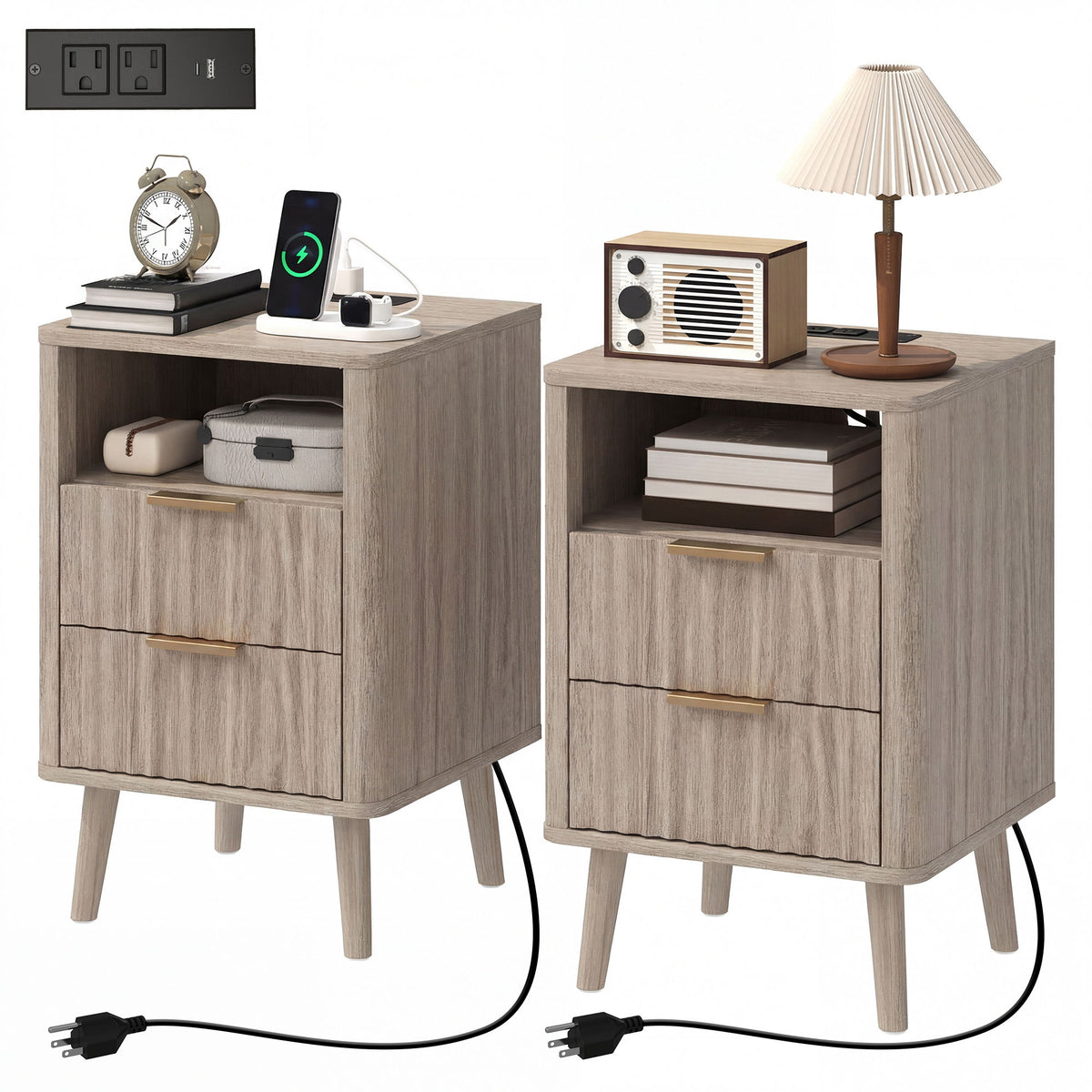 Nightstands Set of 2, Modern Bedside Tables with Charging Station, 2 Drawers and Open Shelf, Grey
