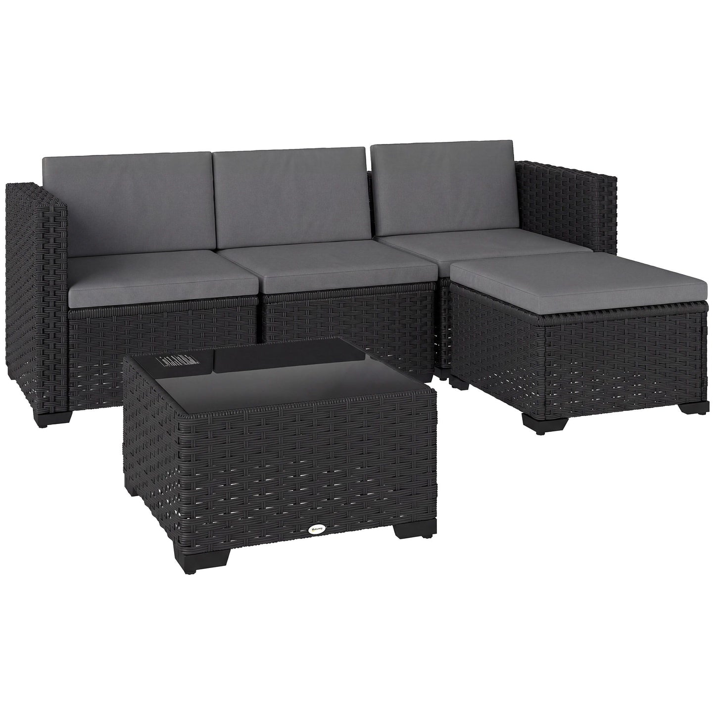 5 Piece Patio Furniture Set, L-Shape Wicker Outdoor Sectional with 3 Chairs, Ottoman, Glass Table, Cushions, Grey