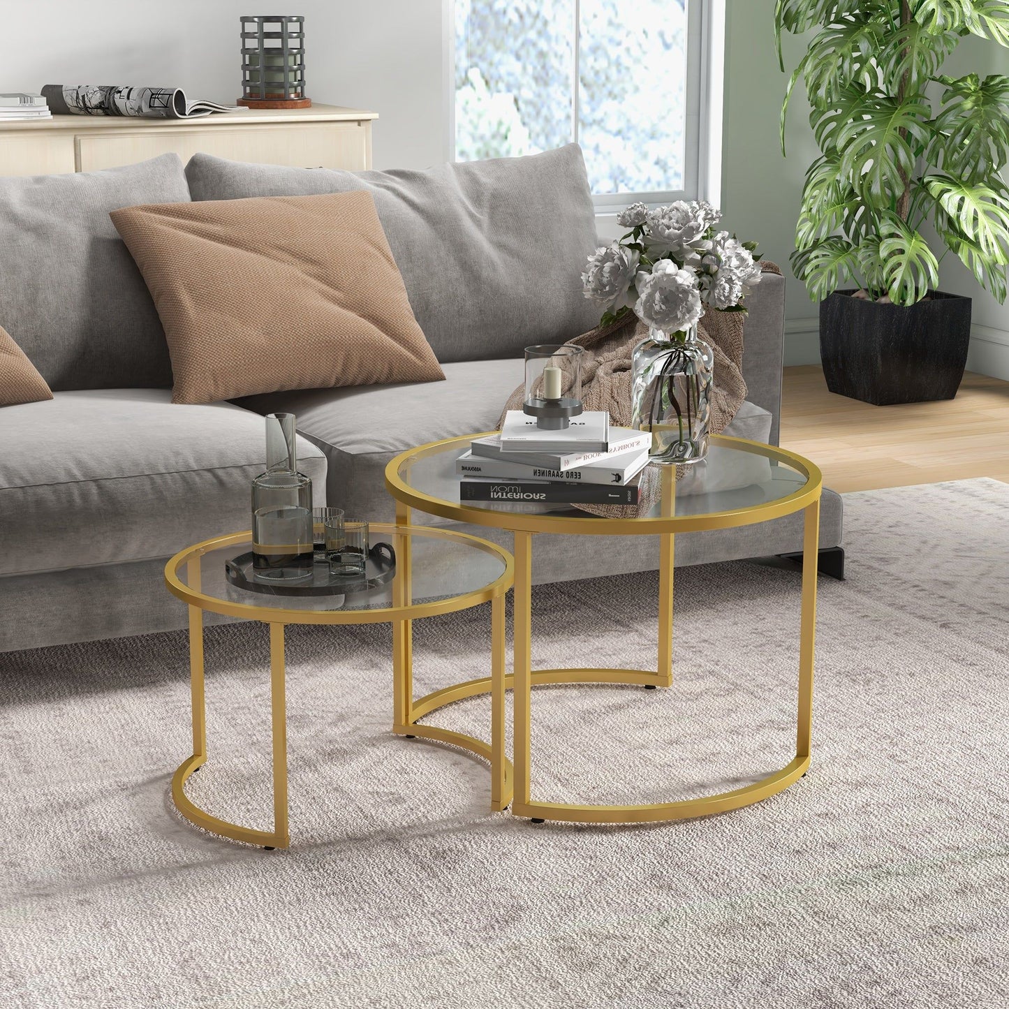 Round Glass Nesting Coffee Tables Set of 2 - Gold